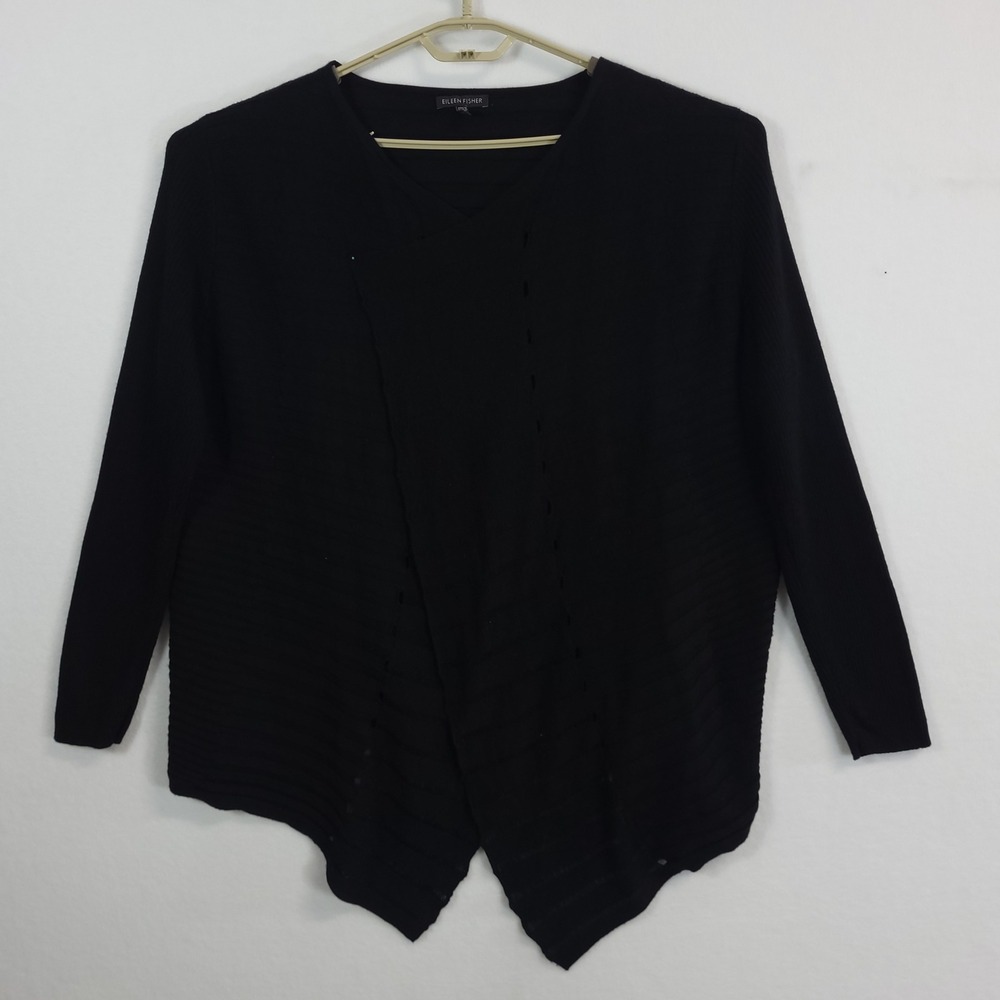 Eileen Fisher Cardigan Women XL Black Merino Wool Asymmetric Ribbed Open Sweater